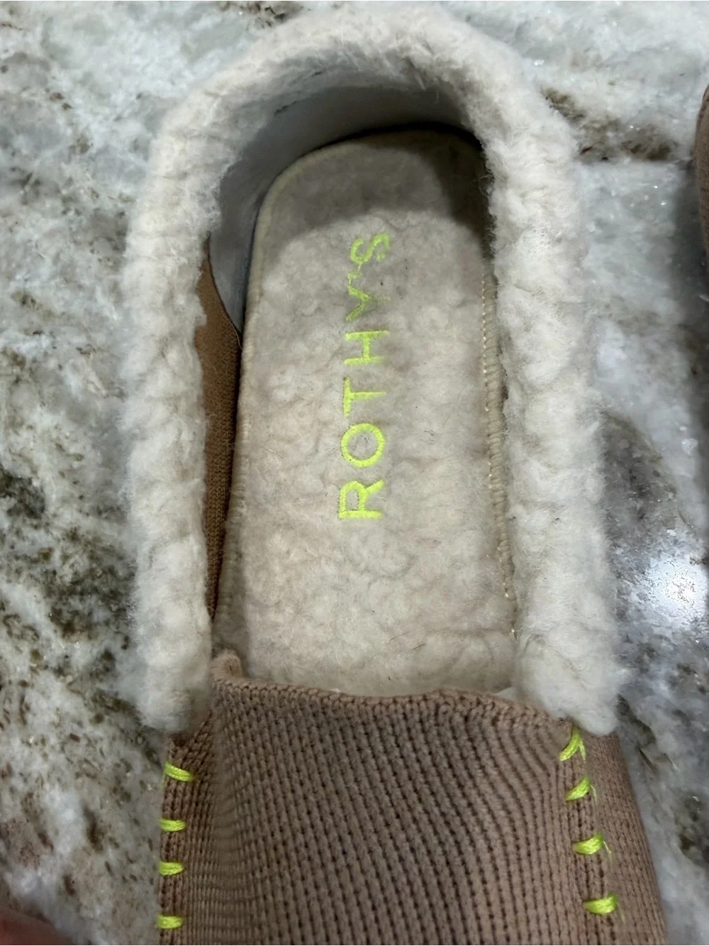 Rothy's Brown Women’s Slip-On Slippers with Neon Yellow Stitching